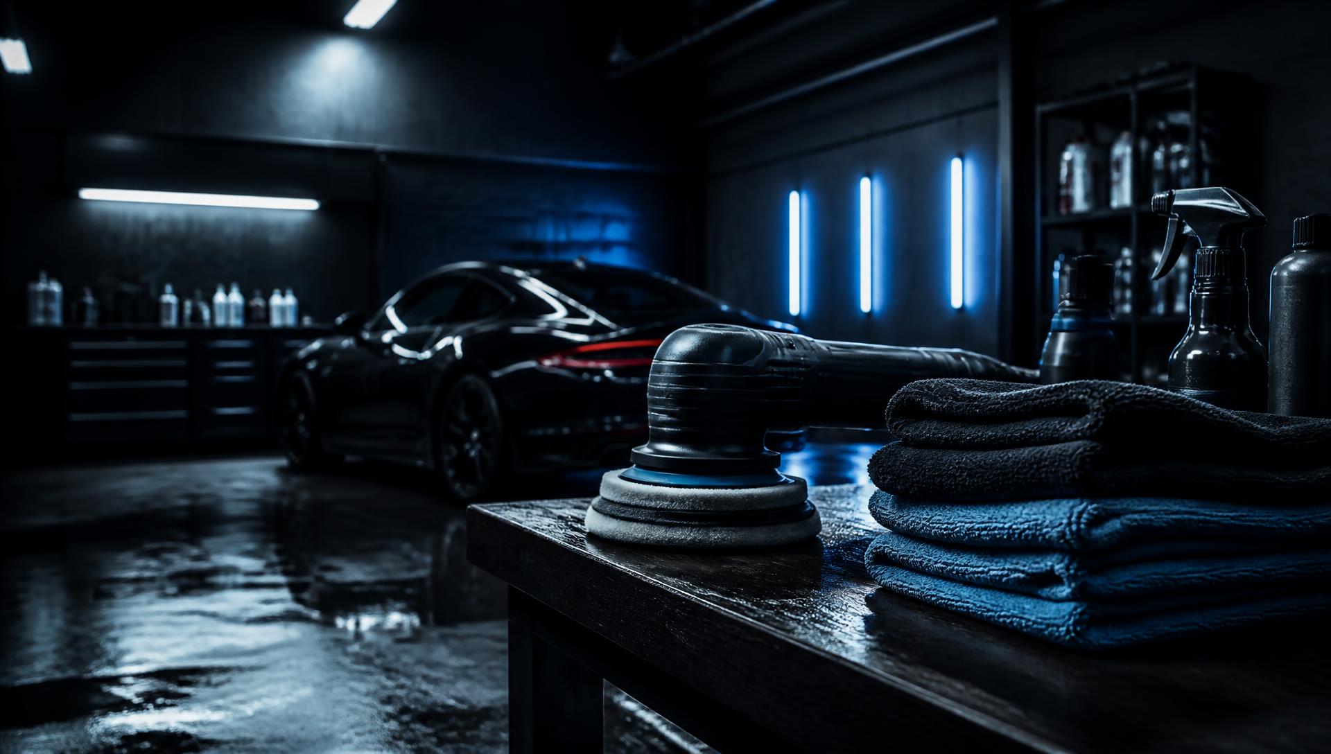 Dunkle Detailing-Werkstatt mit Poliermaschine und Mikrofasertüchern